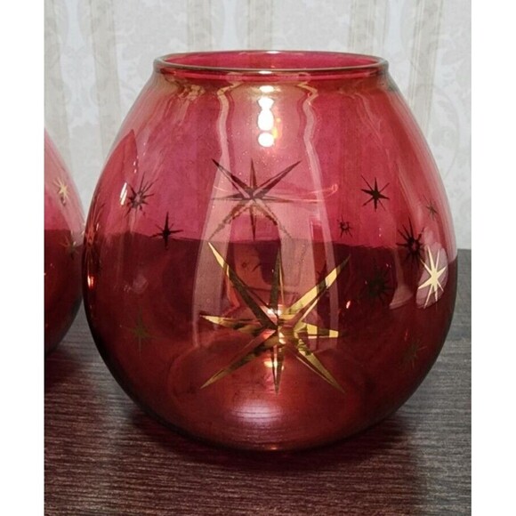 Bartlett Collins Atomic Star Cranberry Glass Vases Candle Holders 4.5" Set of 2 - Picture 2 of 10